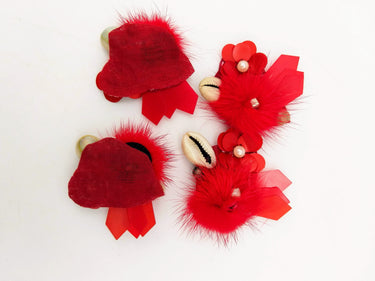 Hand Embroidered Red Applique With Cowrie Shell, Sequins,Pearl and Feather Pom Pom